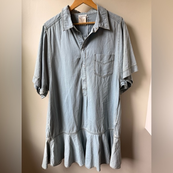 NWT FLANNEL Flint Frill Tunic Denim Dress Ruffle Baggy Oversized Pockets Blue L - Picture 1 of 8